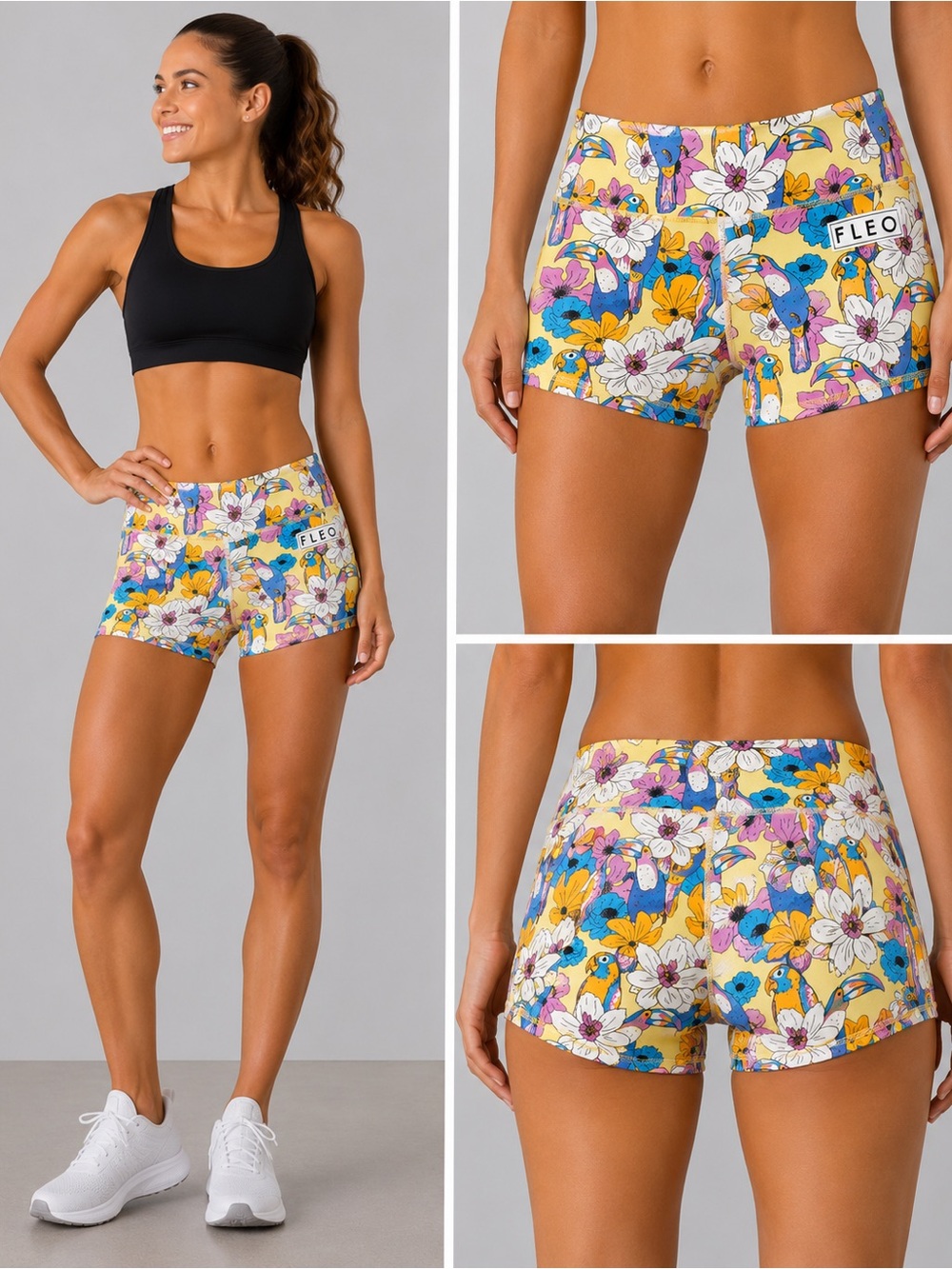 FLEO XS Tropical Toucan Bird Floral Athletic Shorts CrossFit